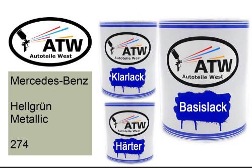 Mercedes-Benz, Hellgrün Metallic, 274: 1L Lackdose + 1L Klarlack + 500ml Härter - Set, von ATW Autoteile West.